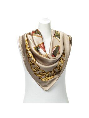Chanel Scarf Brown Red 100% Gold Twill Silk